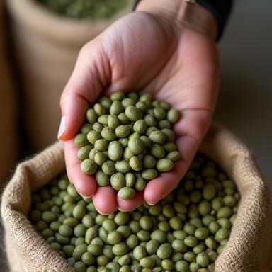 Almacén de café con sacos de yute y granos verdes